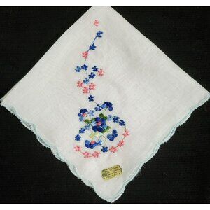 VTG Embroidered Handkerchief Flowers Pink Blue Green Leave Scalloped Hanky Korea